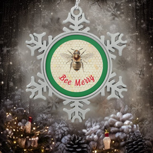 Bee Merry Christmas Bee Snowflake Pewter Christmas Ornament (Creator Uploaded)