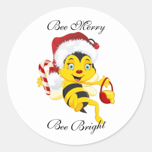 Bee Merry Christmas Cartoon Classic Round Sticker