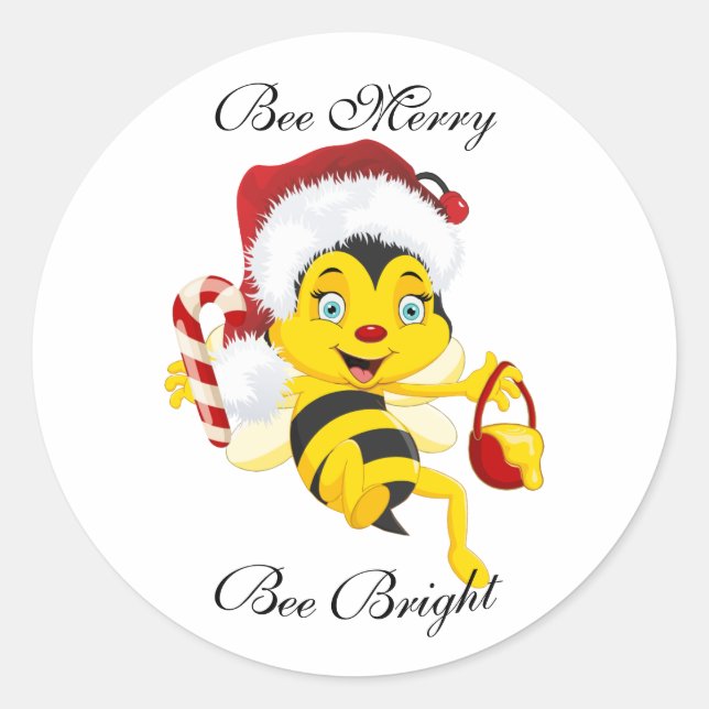 Bee Merry Christmas Cartoon Classic Round Sticker (Front)