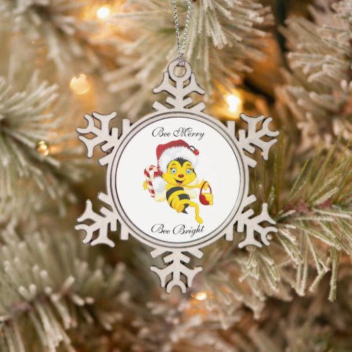 Bee Merry Christmas Cartoon Snowflake Pewter Christmas Ornament