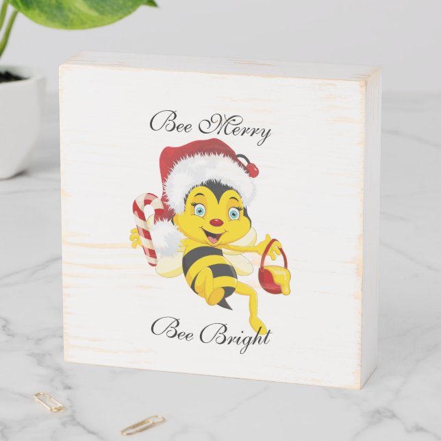 Bee Merry Christmas Cartoon Wooden Box Sign (In Situ Horizontal)
