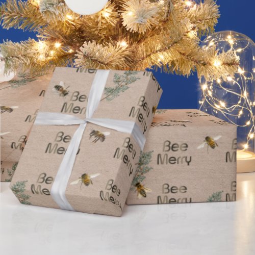 BEE MERRY Evergreen and Kraft Holiday  Wrapping Paper
