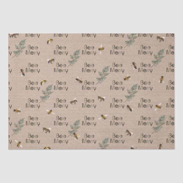 Bee Merry Evergreen Kraft Holiday Christmas Tissue Paper (Front)