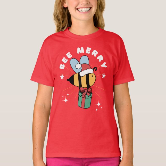 BEE MERRY FUNNY SANTA CHRISTMAS HELPER  T-Shirt (Front)