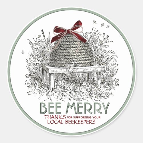 Bee Merry Holiday Honey Skep with Red Bow Sticker