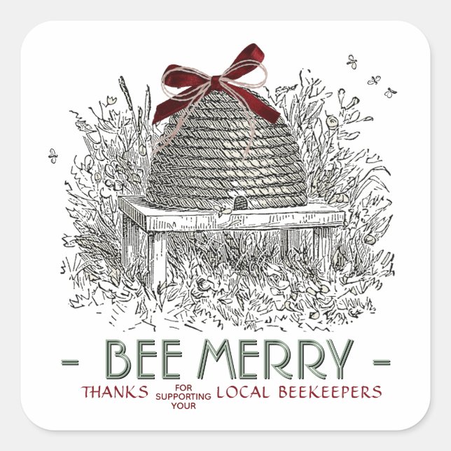Bee Merry Holiday Sticker Skep with Red Bow (Front)