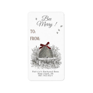 Bee Merry Honey Gift Label Red Bow on Skep