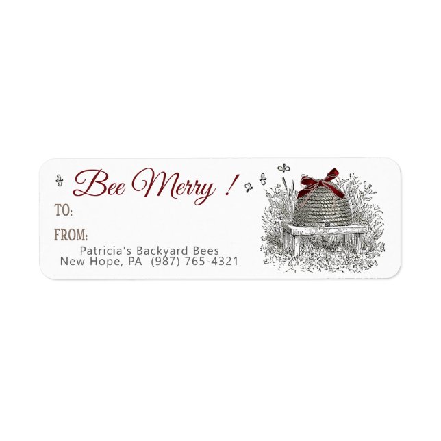 Bee Merry Honey Gift Label Red Bow Skep Christmas (Front)