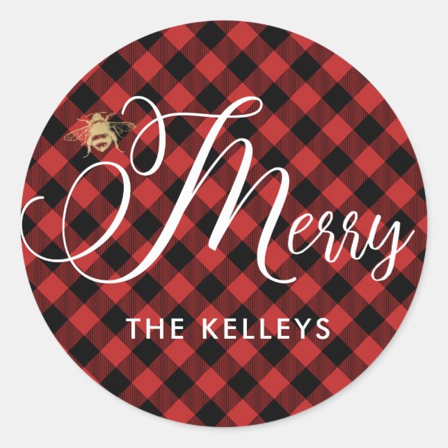 Bee Merry, Red Buffalo Check Round Gift Sticker (Front)