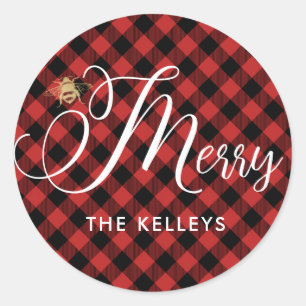 Bee Merry, Red Buffalo Check Round Gift Sticker