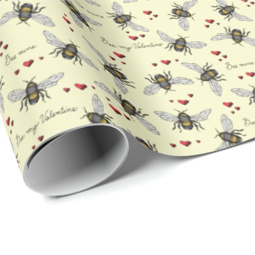 Bee Mine Be My Valentine Bees and Hearts Yellow Wrapping Paper