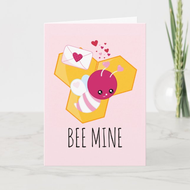 Bee Mine Cute Bee with Pink Valentine Hearts Card (Front)
