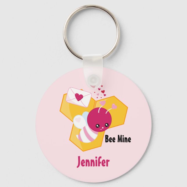 Bee Mine Cute Bee with Pink Valentine Hearts Keychain (Front)
