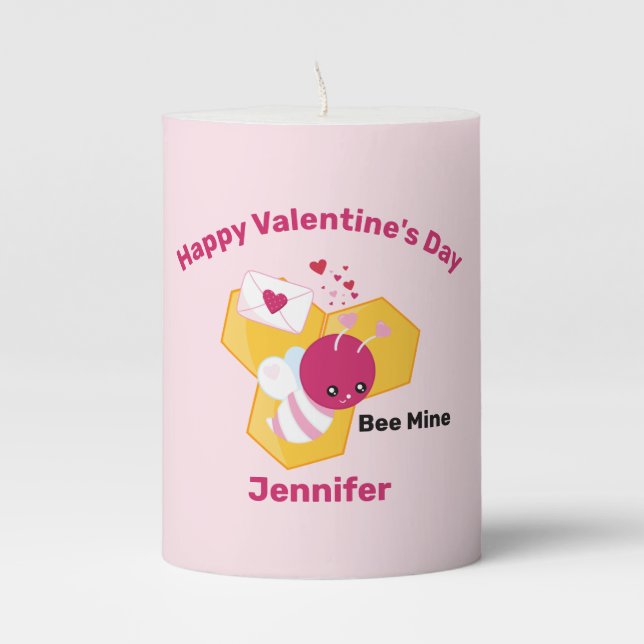 Bee Mine Cute Bee with Pink Valentine Hearts Pillar Candle (Front)