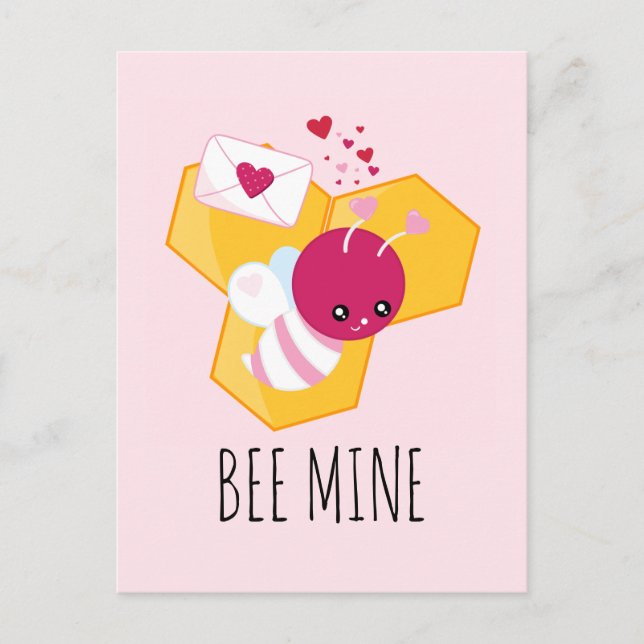 Bee Mine Cute Bee with Pink Valentine Hearts Postcard (Front)