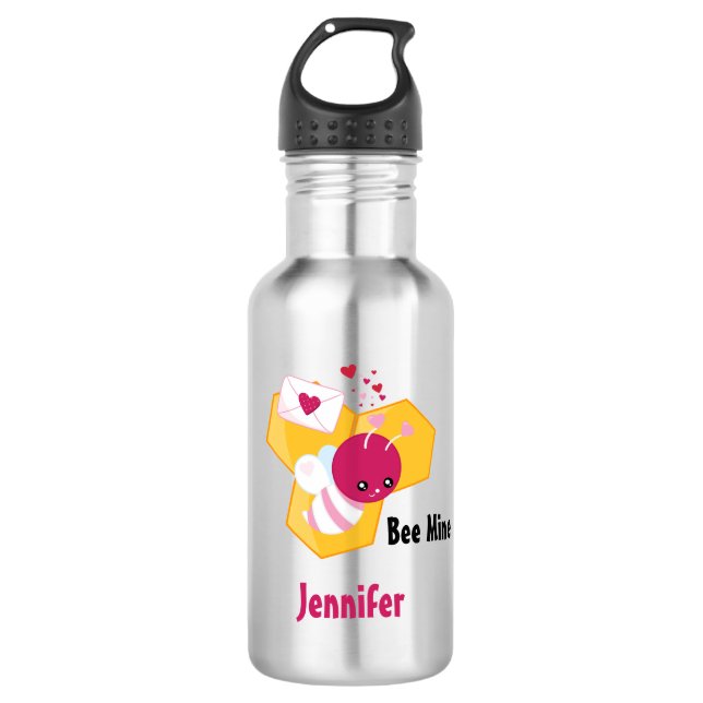 Bee Mine Cute Bee with Pink Valentine Hearts Stainless Steel Water Bottle (Front)