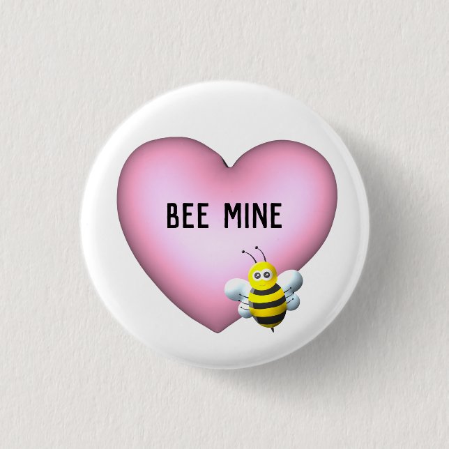 Bee Mine Fuzzy Bumblebee with Pink Puffy Heart  Button (Front)