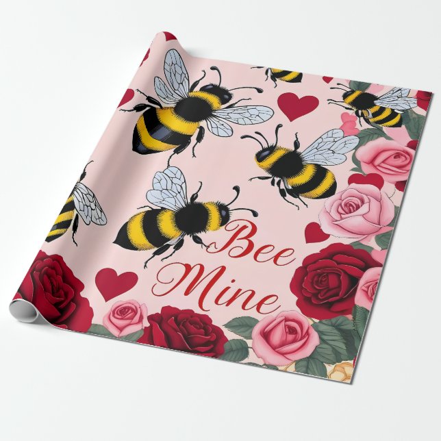 Bee Mine Love Buzz Design Wrapping Paper (Unrolled)