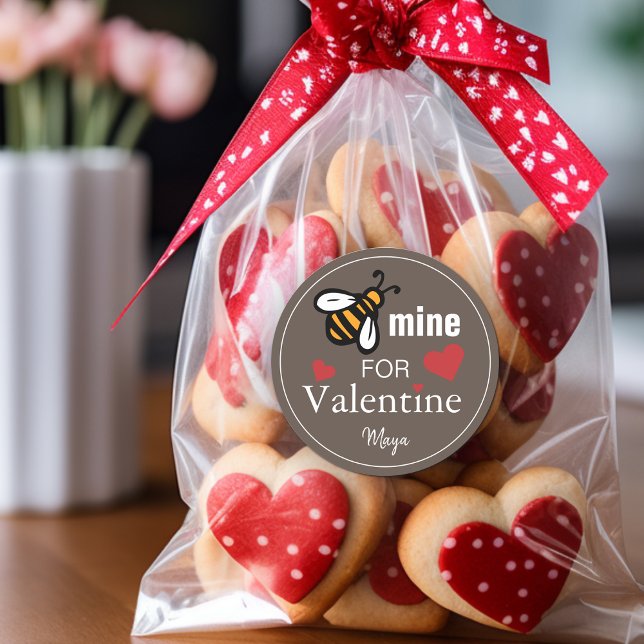 Bee Mine Valentine Favor Classic Round Sticker (Bee Mine Valentine Favor Name Classic Round Sticker)