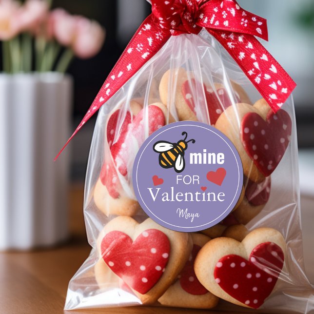 Bee Mine Valentine Favor Classic Round Sticker (Bee Mine Valentine Favor Name Classic Round Sticker)
