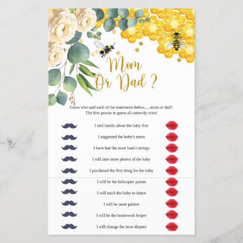 Bee Mom or Dad Game Card  Flyer