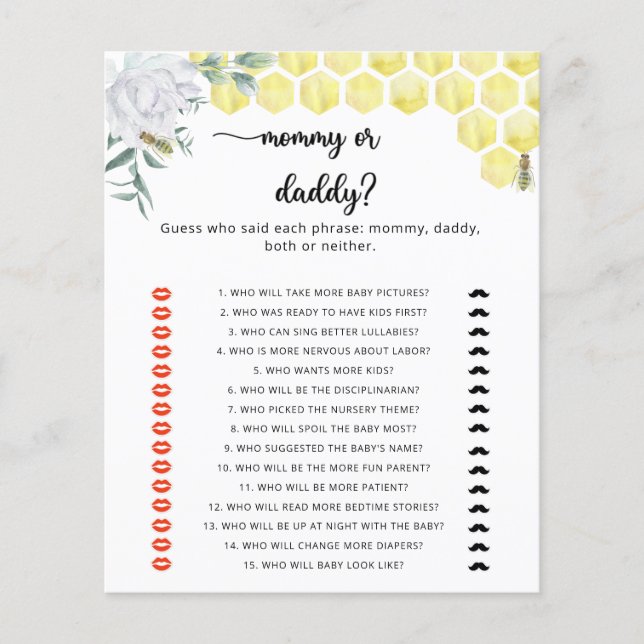 BEE mommy or daddy baby shower game (Front)