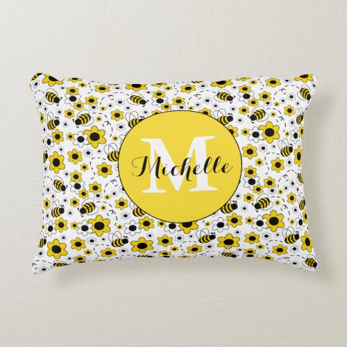 Bee Monogram Yellow Floral Girls Accent Pillow