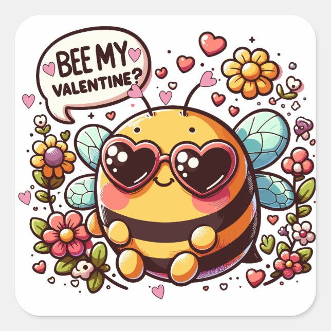 Bee My Valentine? - Charming Bee Valentine's Card  Square Sticker (Front)