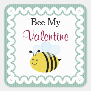 Bee My Valentine, Cute Bee, Green Stripes Square Sticker