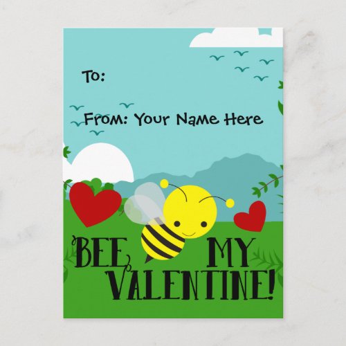 Bee My Valentine Cute Garden Kids Boys Classroom Holiday Postcard
