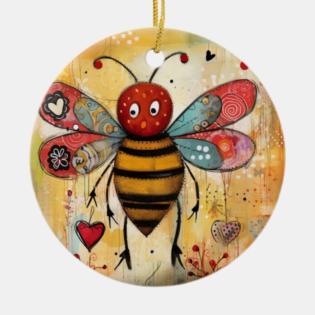 Bee My Valentine Hearts  Ceramic Ornament (Front)