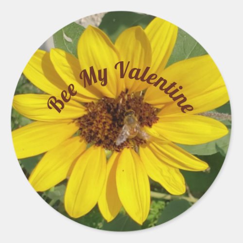 Bee My Valentine Sunflower with Bee Photo Classic Round Sticker