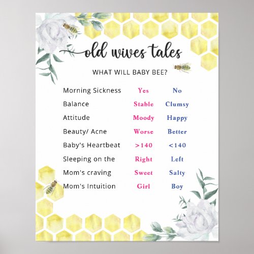 Bee Old Wives Tales Gender Reveal Board  Poster
