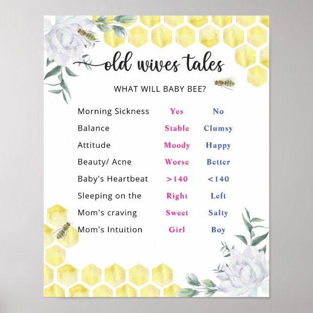 Bee Old Wives Tales Gender Reveal Board  Poster (Front)