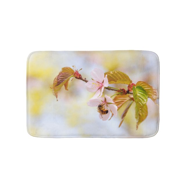 Bee On A Cherry Flower Bathroom Mat (Front)