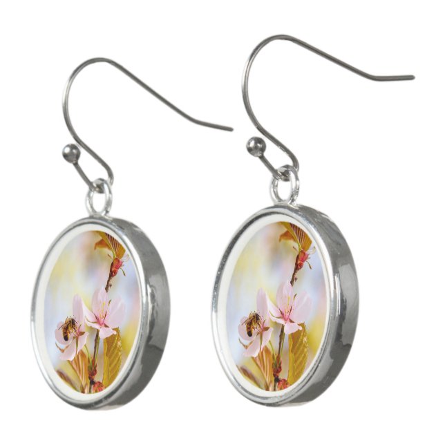 Bee On A Cherry Flower Earrings (Angled)