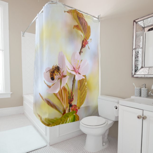 Bee On A Cherry Flower Shower Curtain (In Situ)