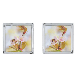 Bee On A Cherry Flower Silver Cufflinks