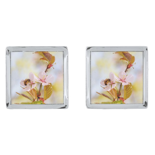 Bee On A Cherry Flower Silver Cufflinks (Front)