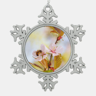 Bee On A Cherry Flower Snowflake Pewter Christmas Ornament