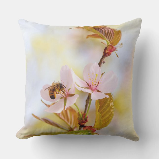 Bee On A Cherry Flower Throw Pillow (Front)