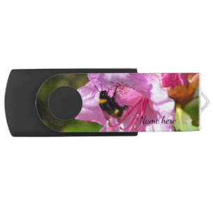 Bee on a Pink Rhododendron USB flash drive