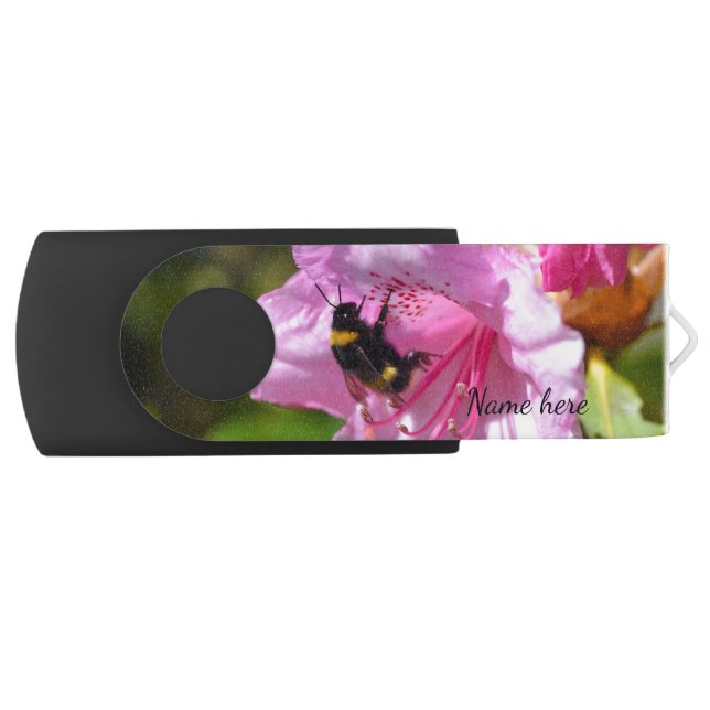 Bee on a Pink Rhododendron USB flash drive (Front)