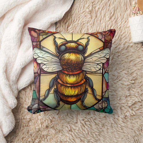 Bee on a Stained Glass Throw Pillow