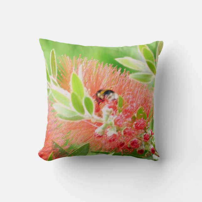 Bee On Bottlebrush Throw Pillow (Front)