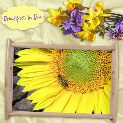 Bee On Bright Sunflower Close_Up Photograph Serving Tray