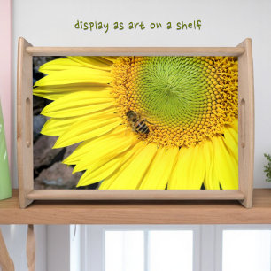 Bee On Bright Sunflower Close-Up Photograph Serving Tray