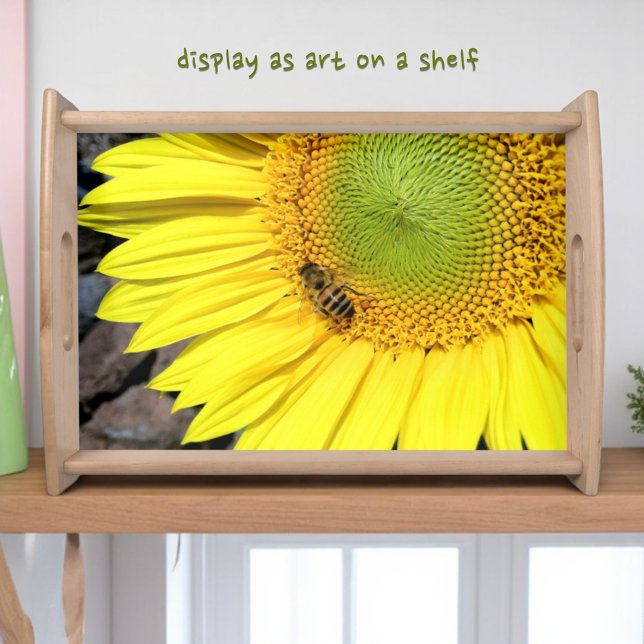 Bee On Bright Sunflower Close-Up Photograph Serving Tray (Serving tray displayed as room decor)