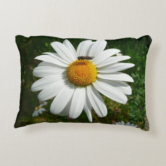 Bee on Daisy Alaskan Summer Nature Photo Accent Pillow (Back)