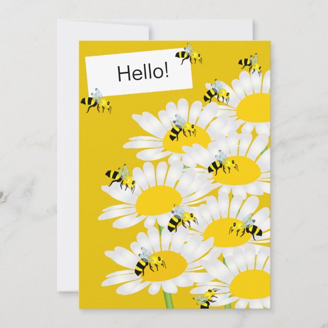 Bee on Flower Flat Greeting Card -Yellow Backgroud (Front)